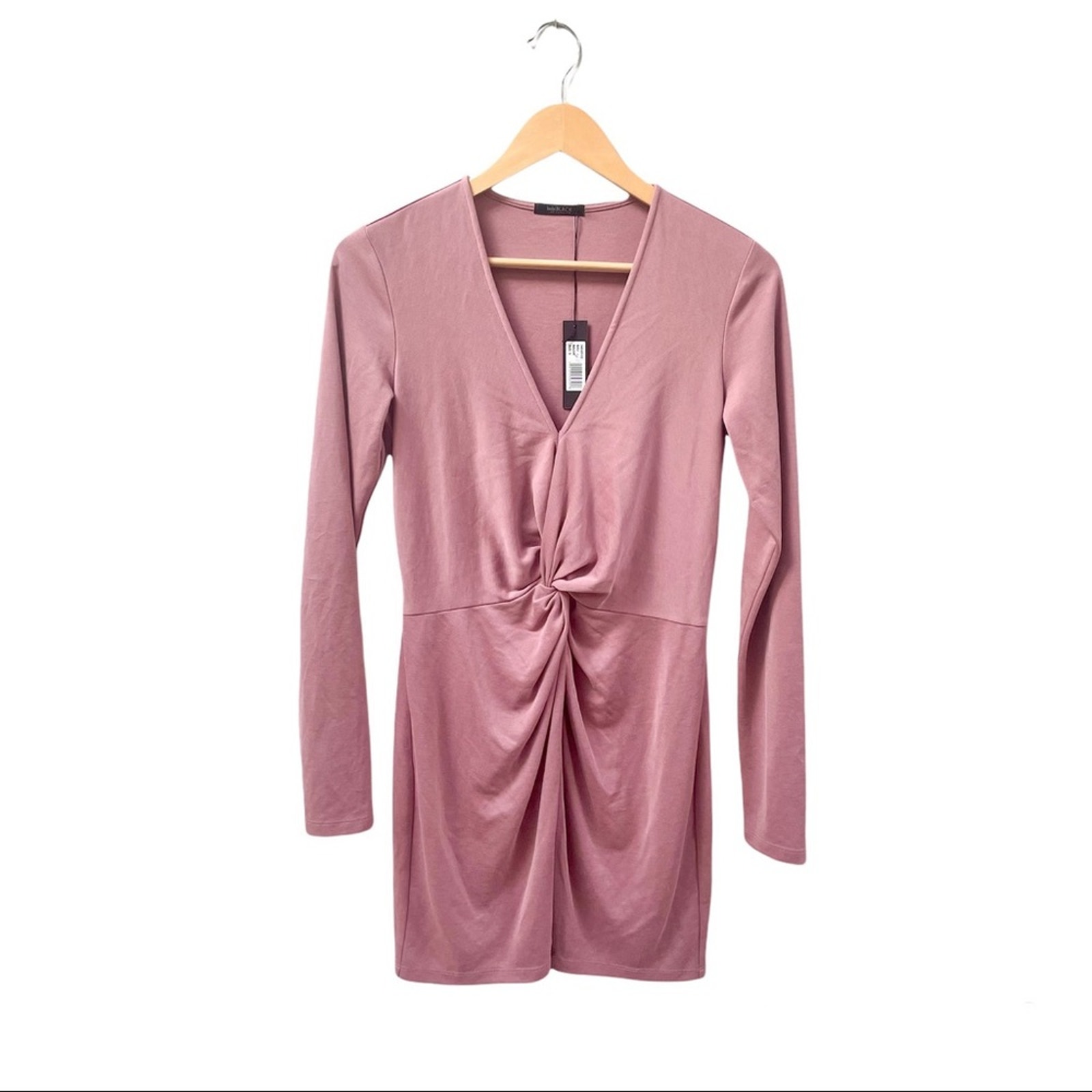 Bobi Black Long Sleeve V Neck Front Ruched Mini Dress In Pink Women's Small $145
